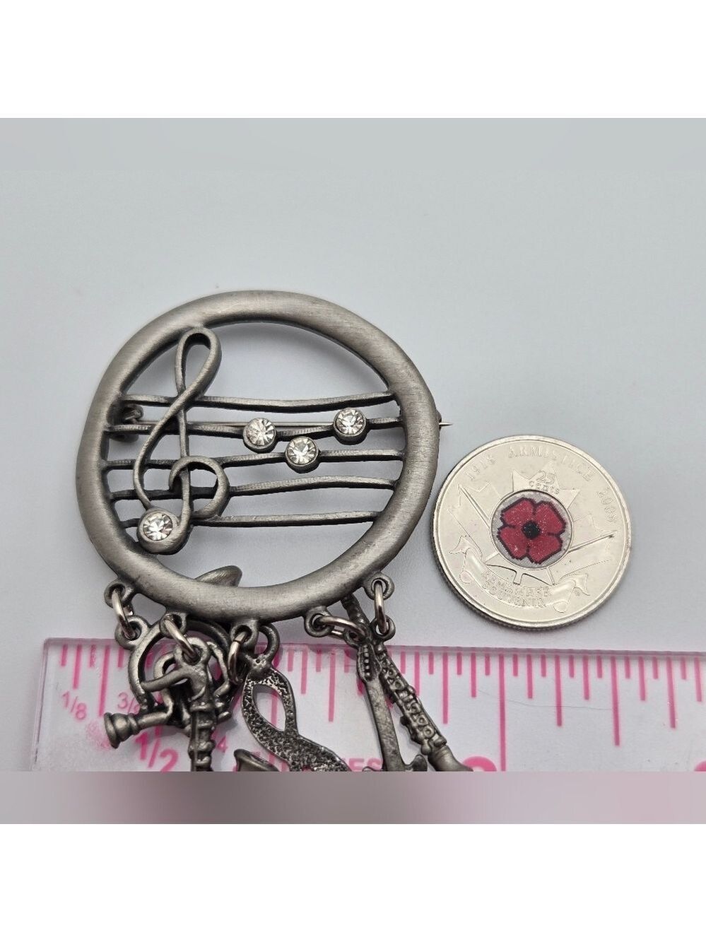 Pewter Musical Brooch Dangling Instruments Notes Figural Pin - Picture 6 of 8